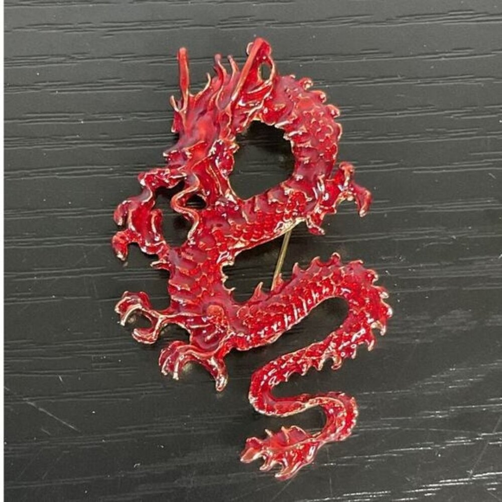 Mystical Red & Gold Dragon Brooch Pin With Enamel Detailing